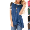 Image 1: Womens Leopard Color Block Twist Knot Tunics Casual Short Sleeve T Shirt Tops