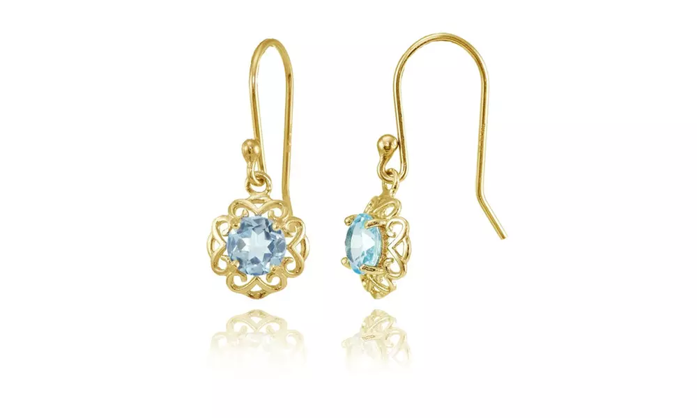 Yellow Gold over Sterling Silver Blue Topaz Filigree Dangle Earrings