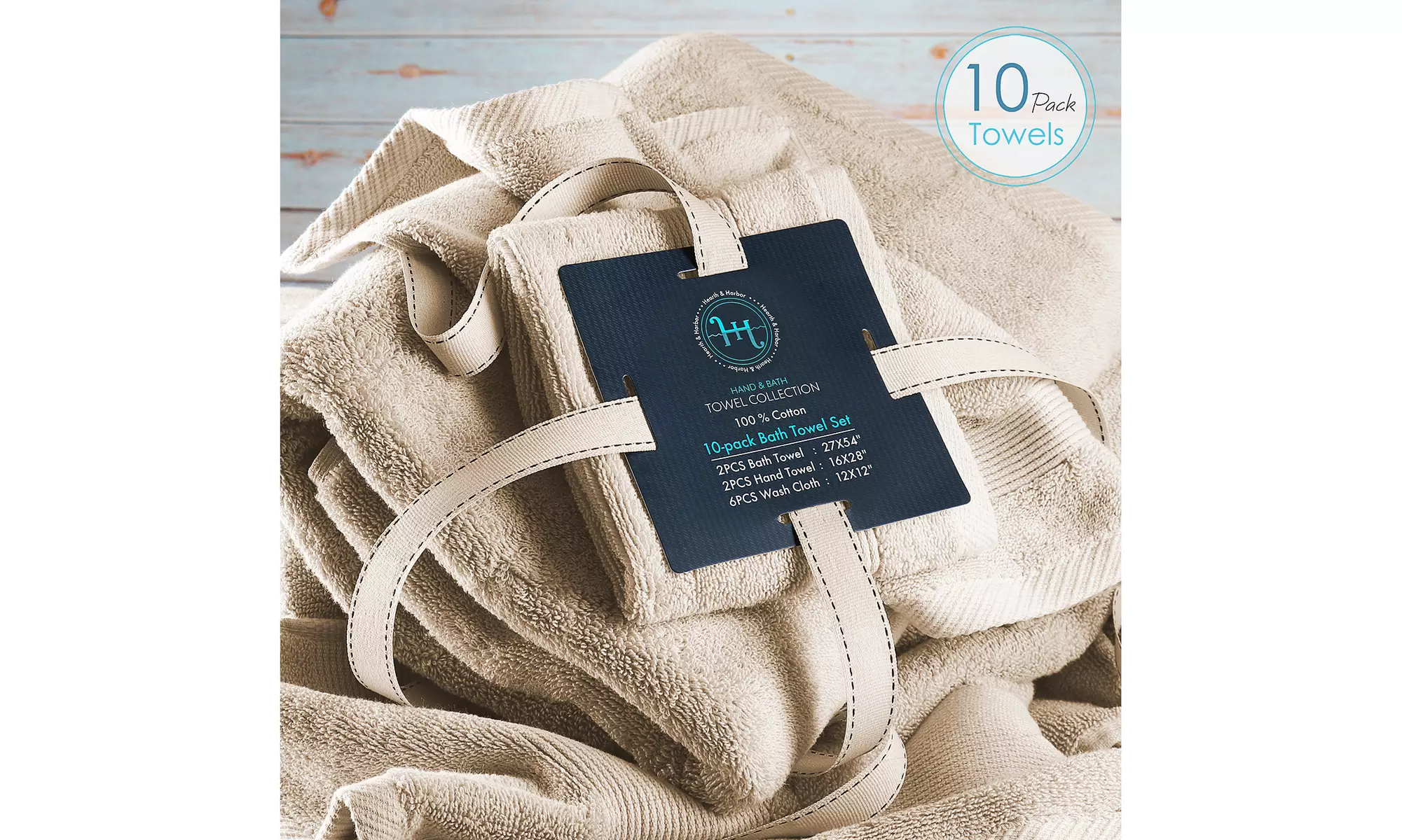 Hearth & Harbor Towels -100% Cotton Set of 10 ; 2 Bath, 2 Hand and 6 Washcloths