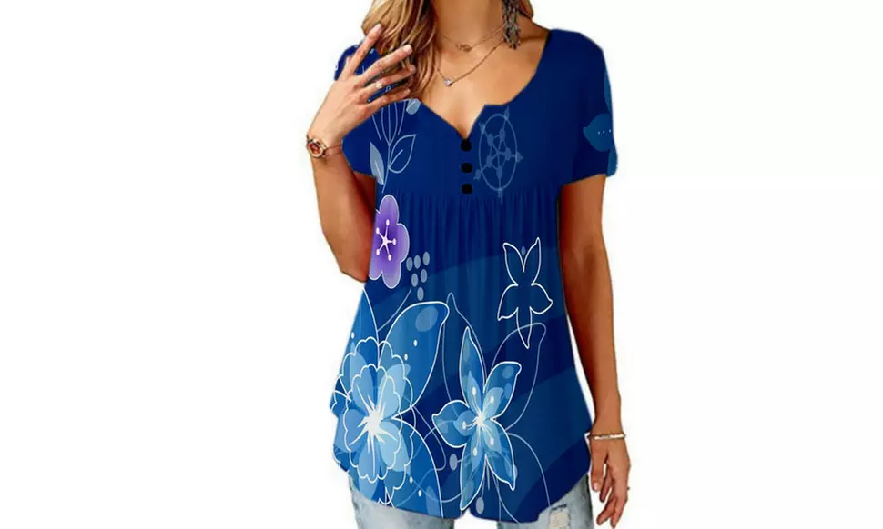 Women's Button Up Pleated Front Summer Short Sleeves Casual Tops Tunic Shirts 