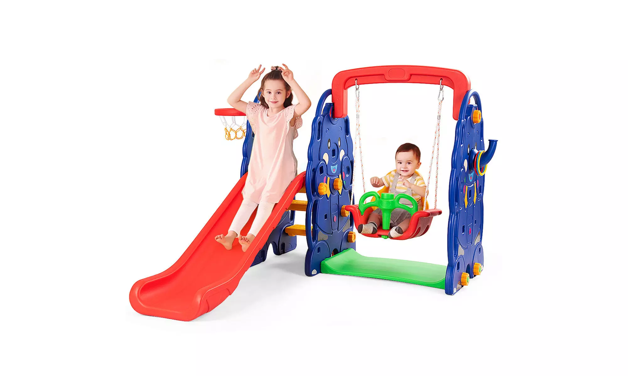 3 in 1 Junior Children Climber Slide Swing Seat Basketball Hoop Play - Primary Image