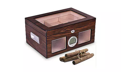 Lockable 50-100 Cigar Humidor Storage Box Desktop Glasstop Humidifier Hygrometer - Primary Image