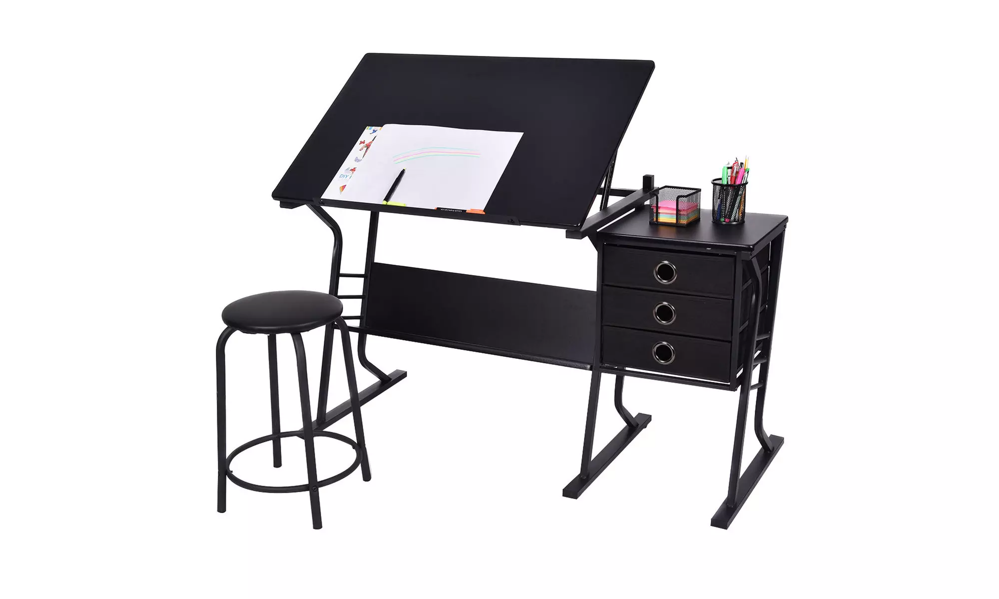 Costway Drafting Table Adjustable Drawing Desk Art Craft Stool & Drawe - Primary Image