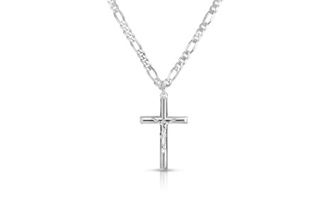 Italian Mens Solid Sterling Silver Cross Necklace with 24