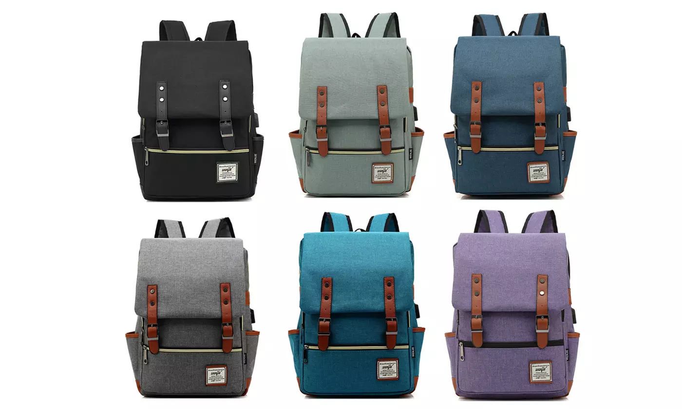 Women Men Vintage Canvas Leather Laptop Backpack Rucksack Messenger Bag Satchel - Primary Image