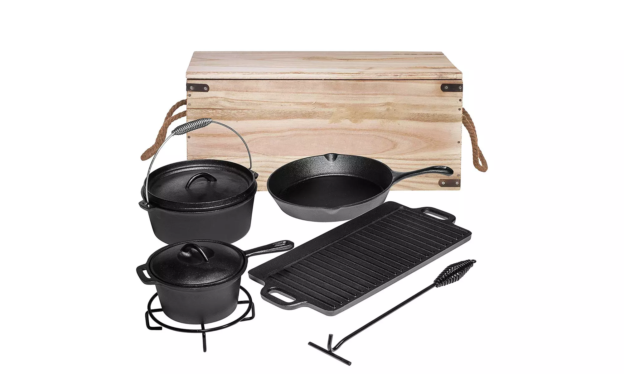 Bruntmor Pre-Seasoned 7 Piece Cast Iron Camping Cooking Set w Carrying Box - Primary Image