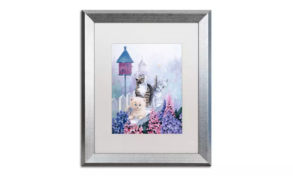 Jenny Newland 'Cats In Front Of The Birdfeeder' Matted Silver Framed Art - Second Medium