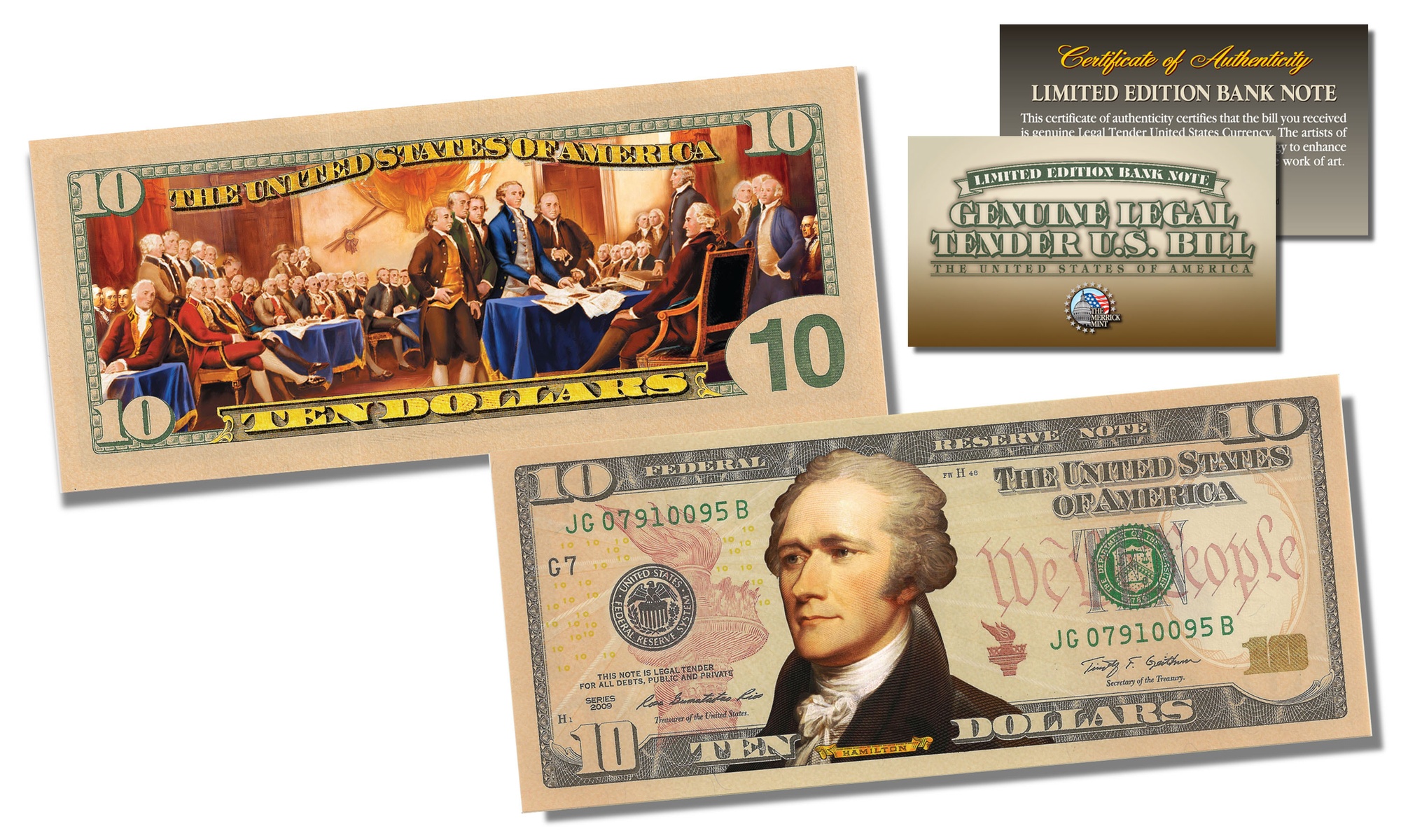 Declaration of Independence Official Legal Tender U.S. 10 (Ten) Bill 2-Sided