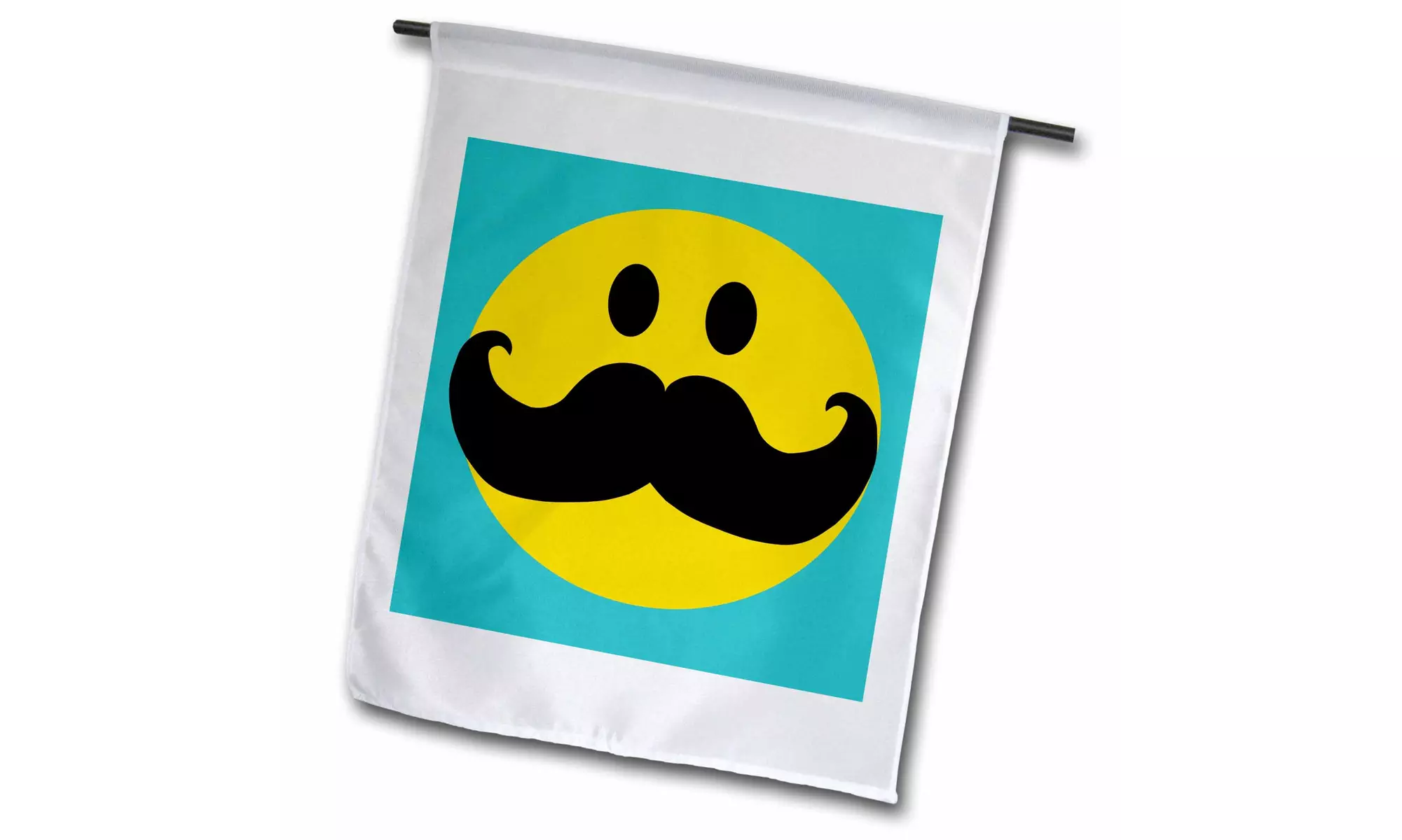 Garden Flag Yellow Smiley face, black mustache - teal blue turquoise - Fun - Second Medium