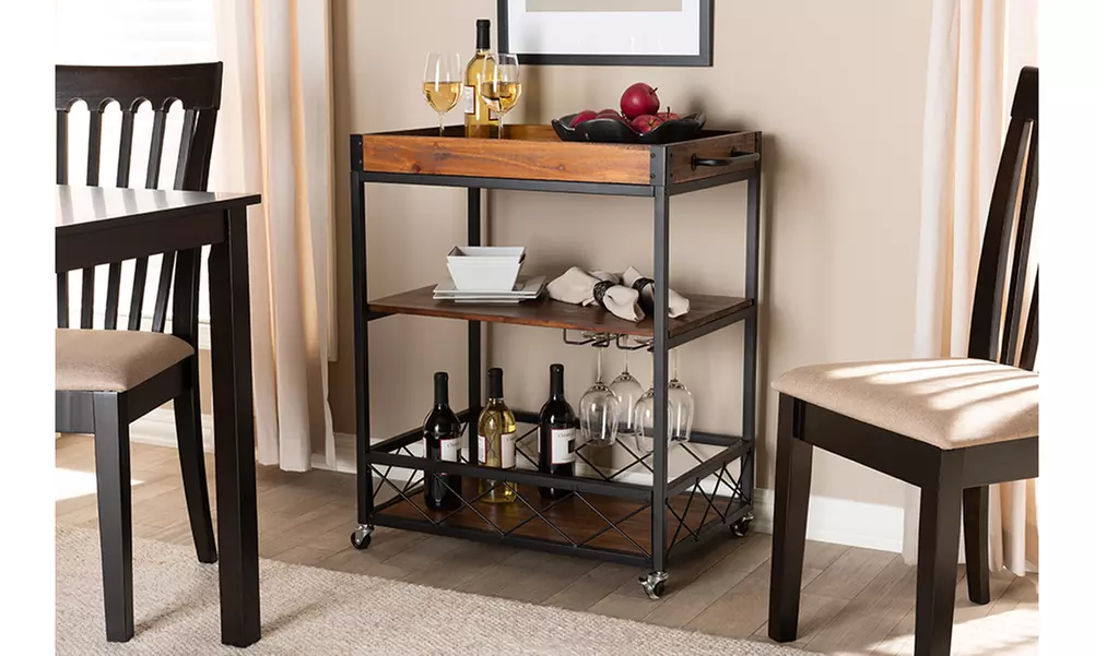 Capri Oak Brown and Black Mobile Metal Bar Cart with Stemware Rack - Primary Image