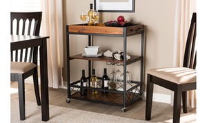 Capri Oak Brown and Black Mobile Metal Bar Cart with Stemware Rack