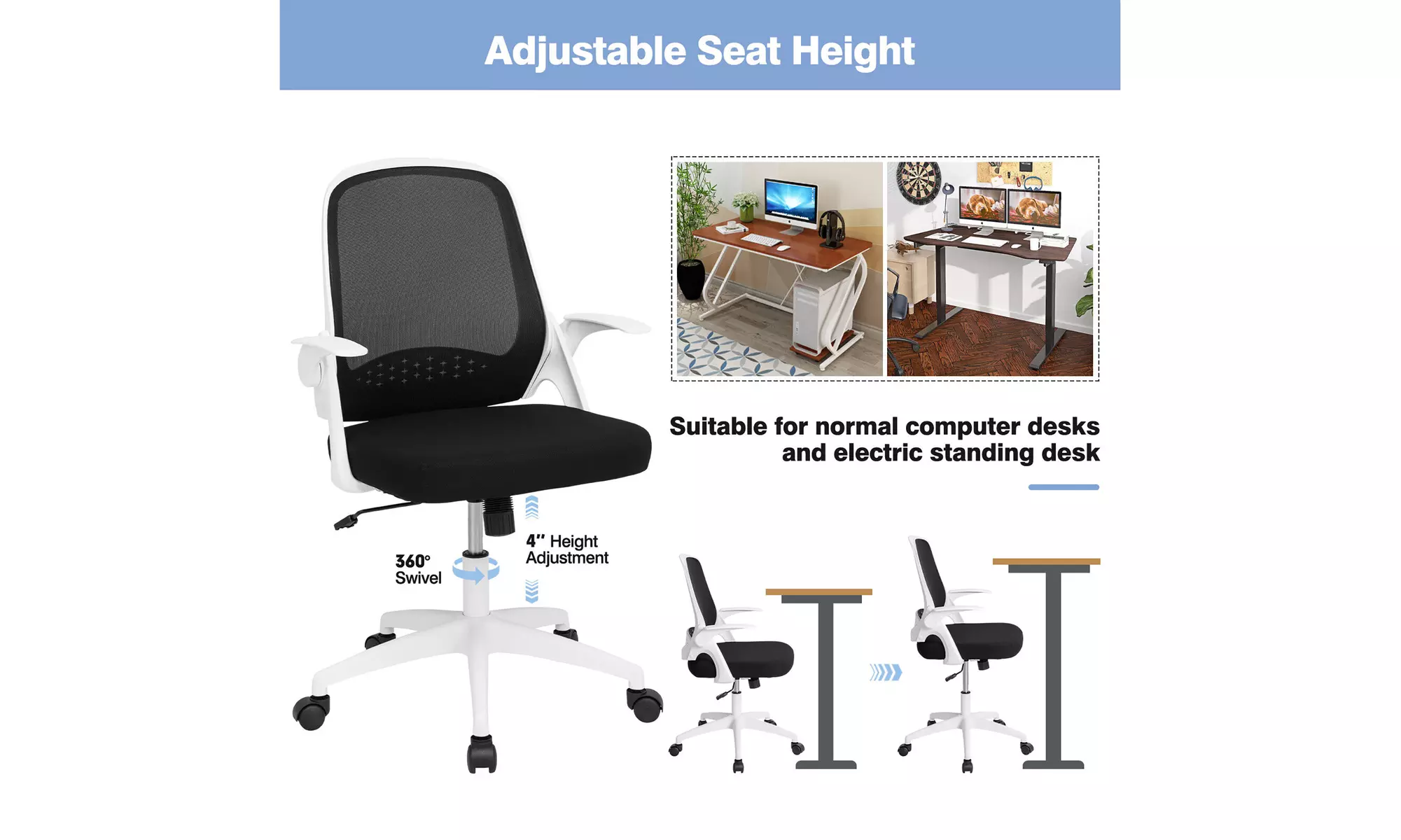 Costway Mesh Office Chair Adjustable Rolling Computer Desk Chair Flip-up Armrest