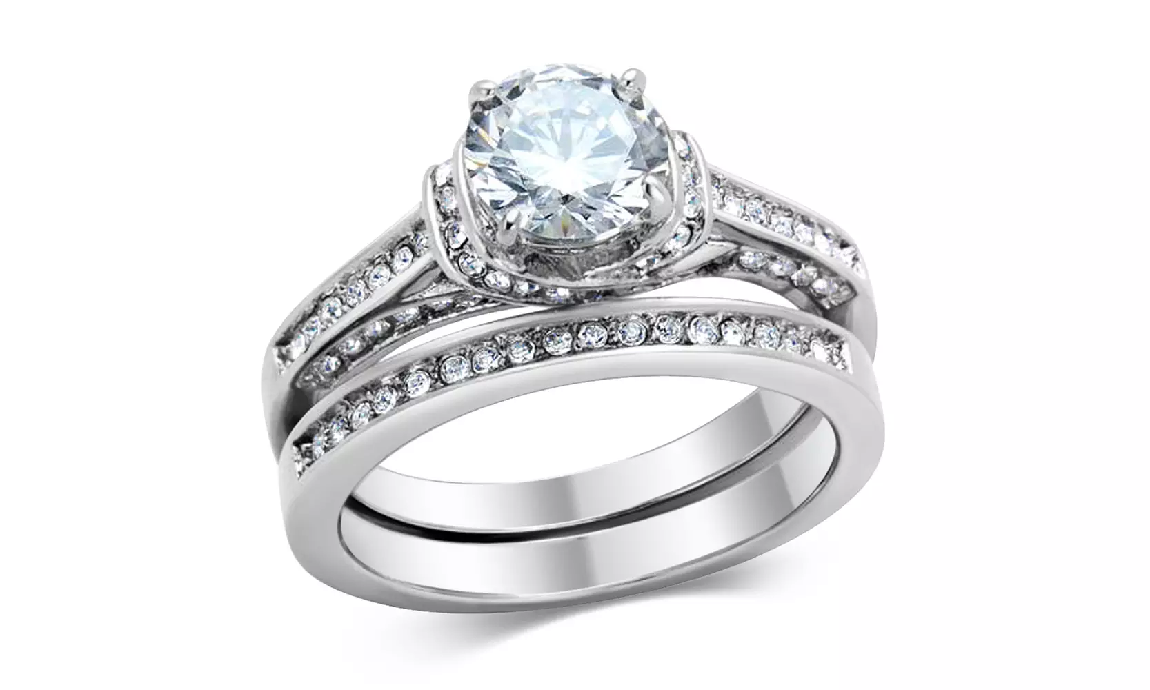 His & Hers Stainless Steel 3 Piece Cz Wedding Ring Set & Eternity Band