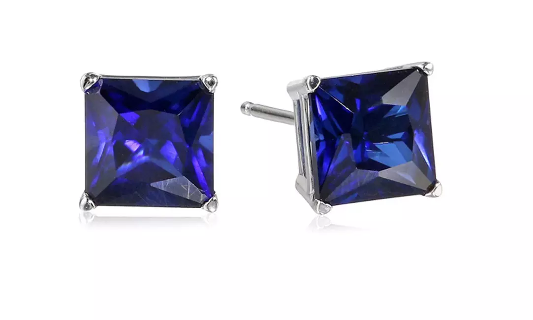 14k White Gold Plated 3 Ct Princess Cut Sky Blue Sapphire Stud Earrings. - Primary Image