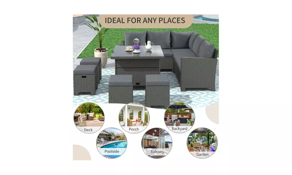 8 Piece Outdoor Conversation Set, Dining Table Chair with Ottoman, Cushions