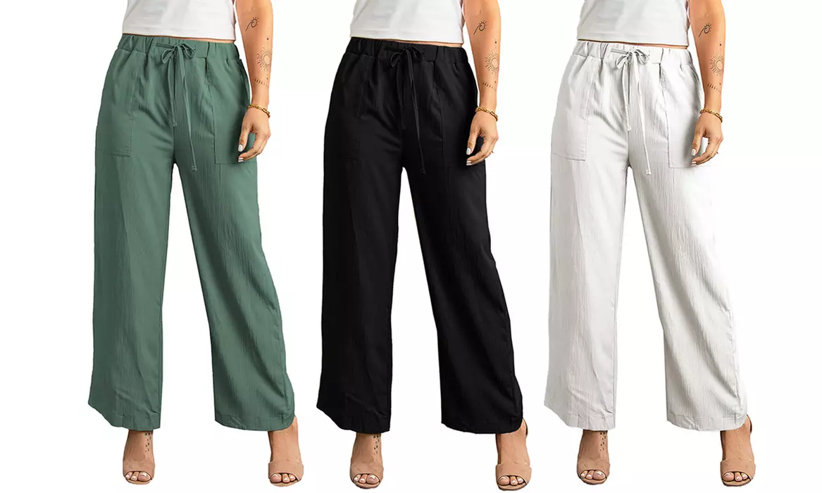 Women Drawstring Waist Crinkled Wide Leg Pants - Primary Image