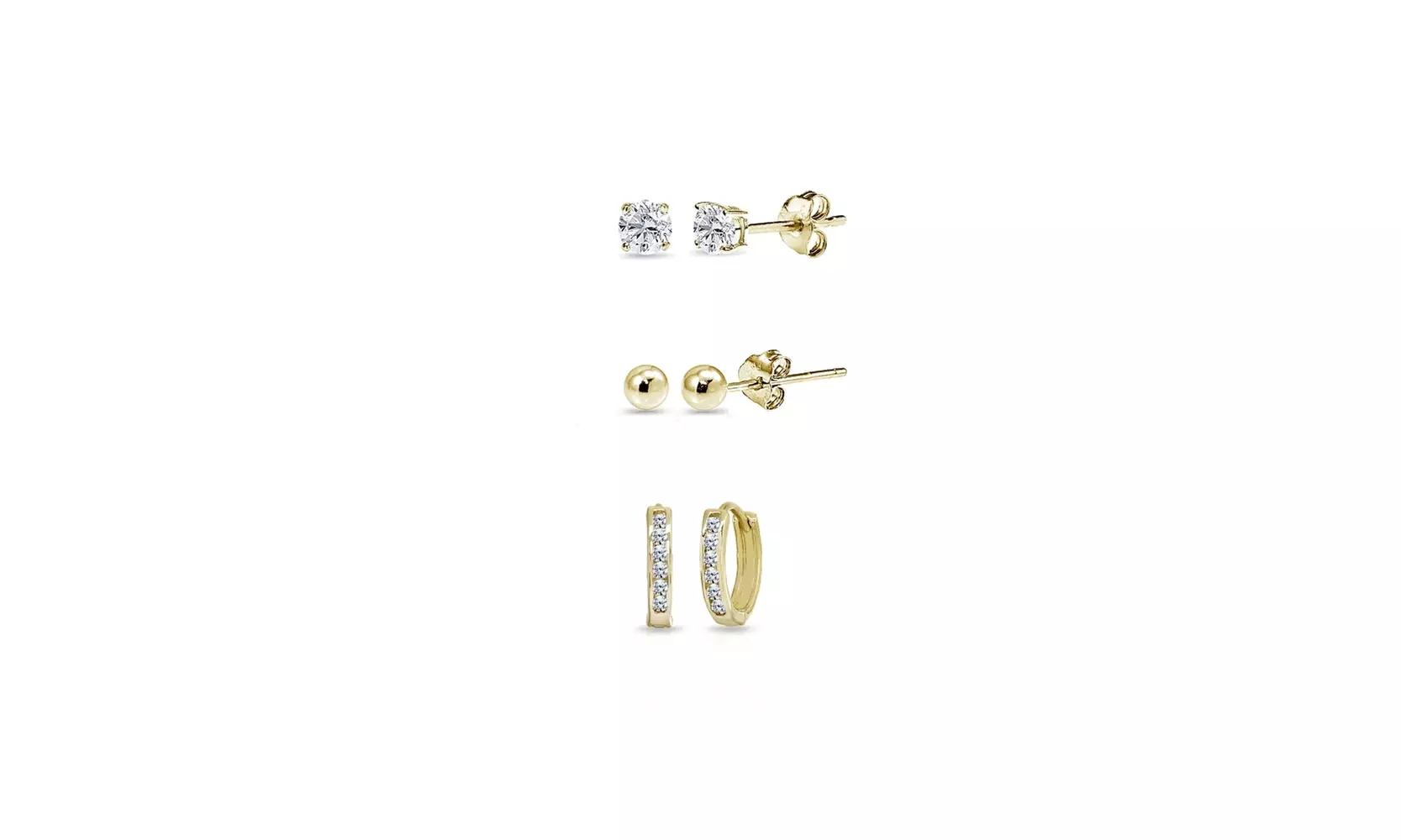 3 Pr Small CZ Huggie Hoops, 3mm CZ & Ball Stud Earrings in Gold Flash 925 Silver