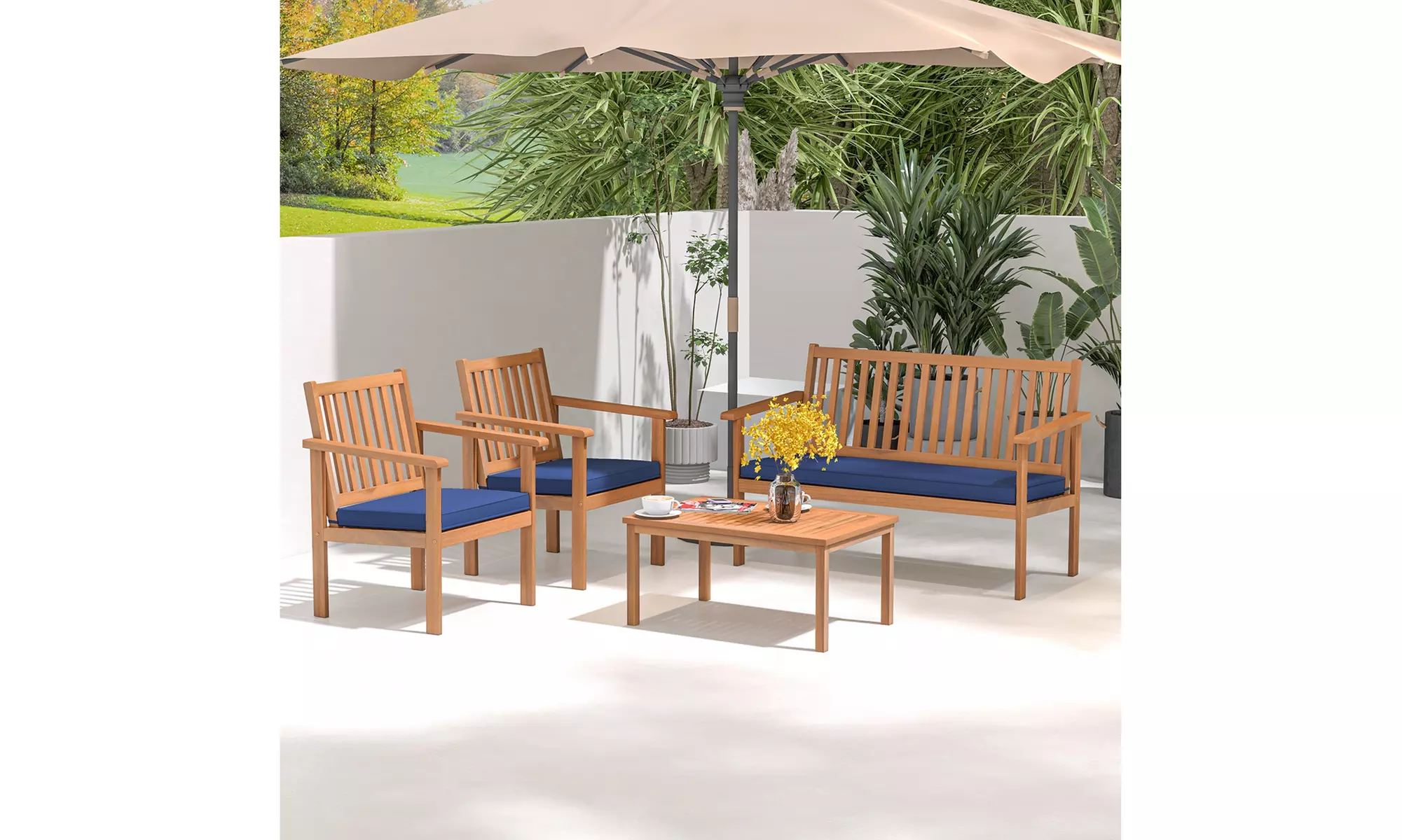 Costway 4 PCS Patio Wood Furniture Set with Loveseat, 2 Chairs & Coffee Table