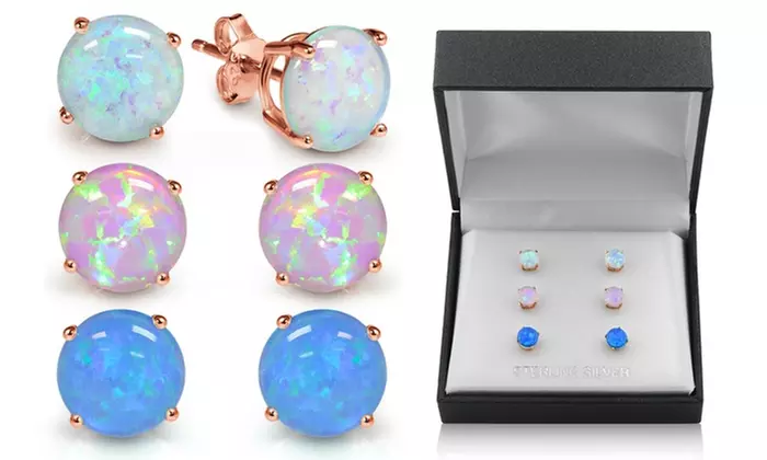 Sterling Silver Trio Blue,White and Pink Opal Set With Gift Box