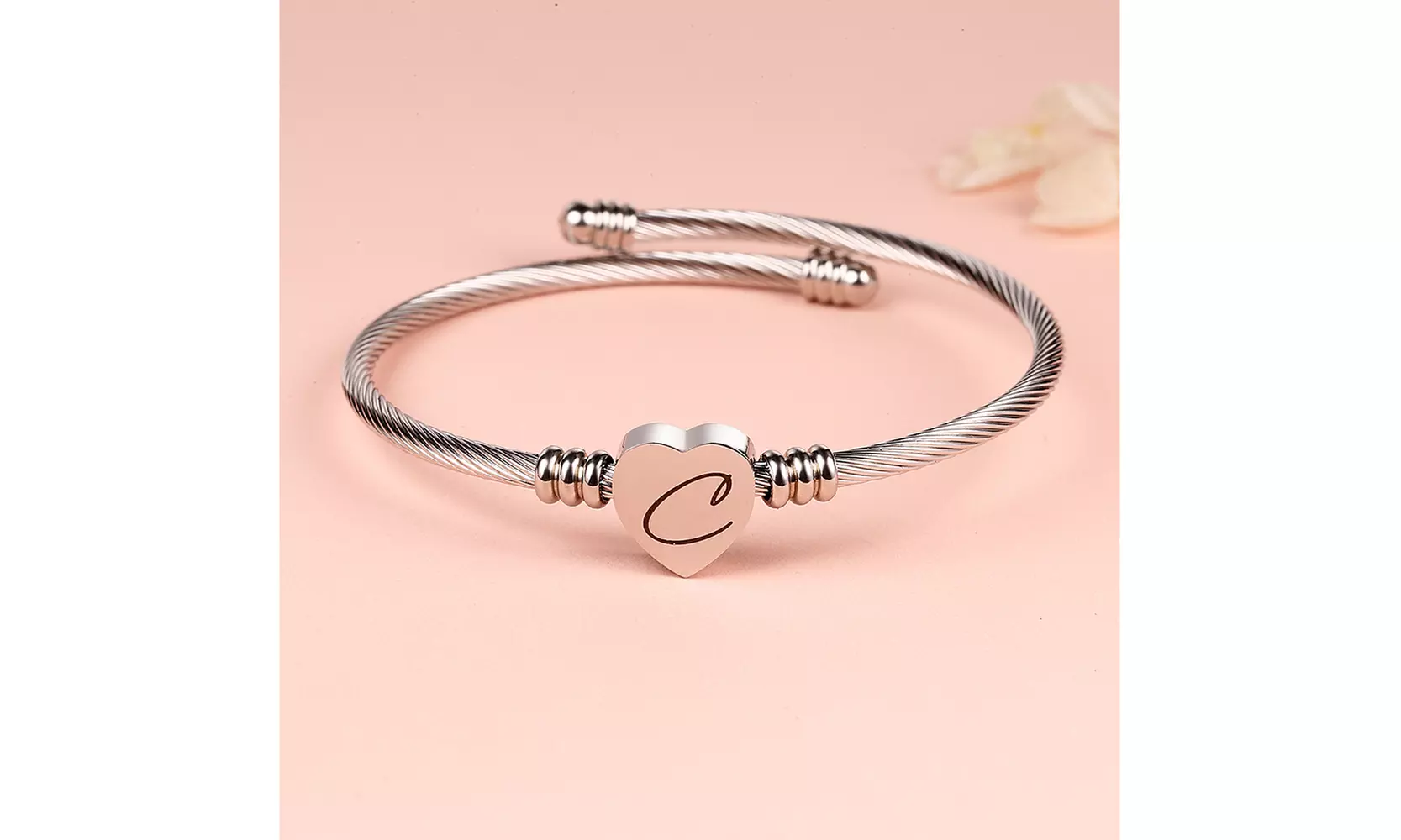 Twisted Steel Heart Cable Initial Bracelet