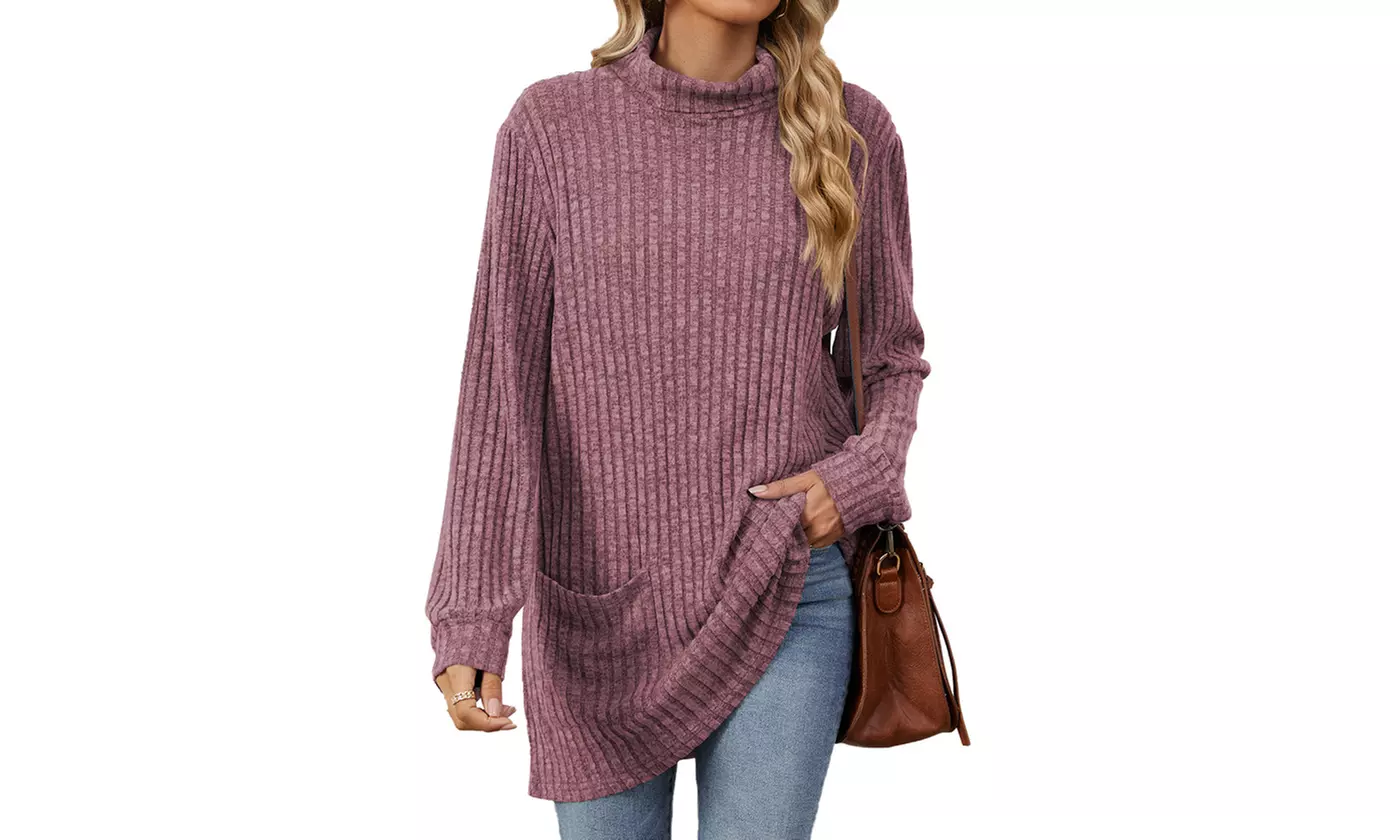 Womens Lightweight Turtleneck Long Sleeve Knit Tunic Top with Pockets