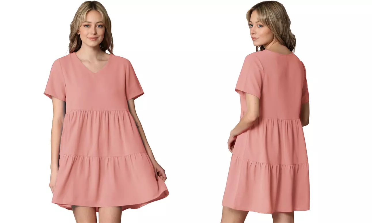 Made By Johnny Casual Flowy Swing Shift Short Sleeve Tiered Dress