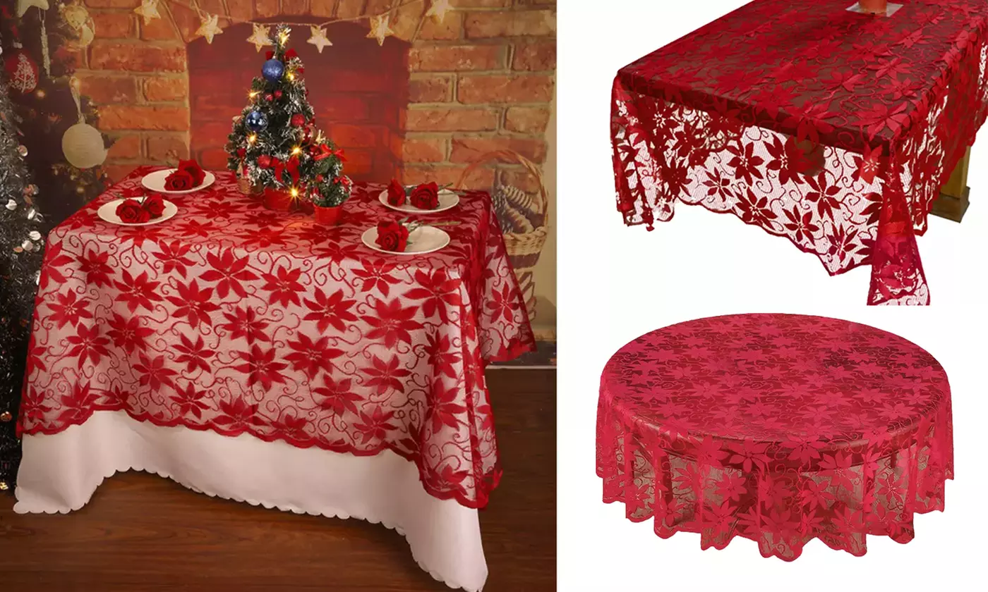 Christmas Table Cloth Red Lace Table Cover Wedding Holiday Xmas Home Decor - Primary Image