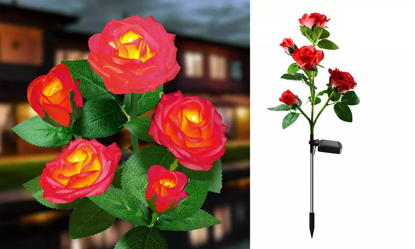 LED Solar 5 Rose Flowers Garden Stake Decor Lights 