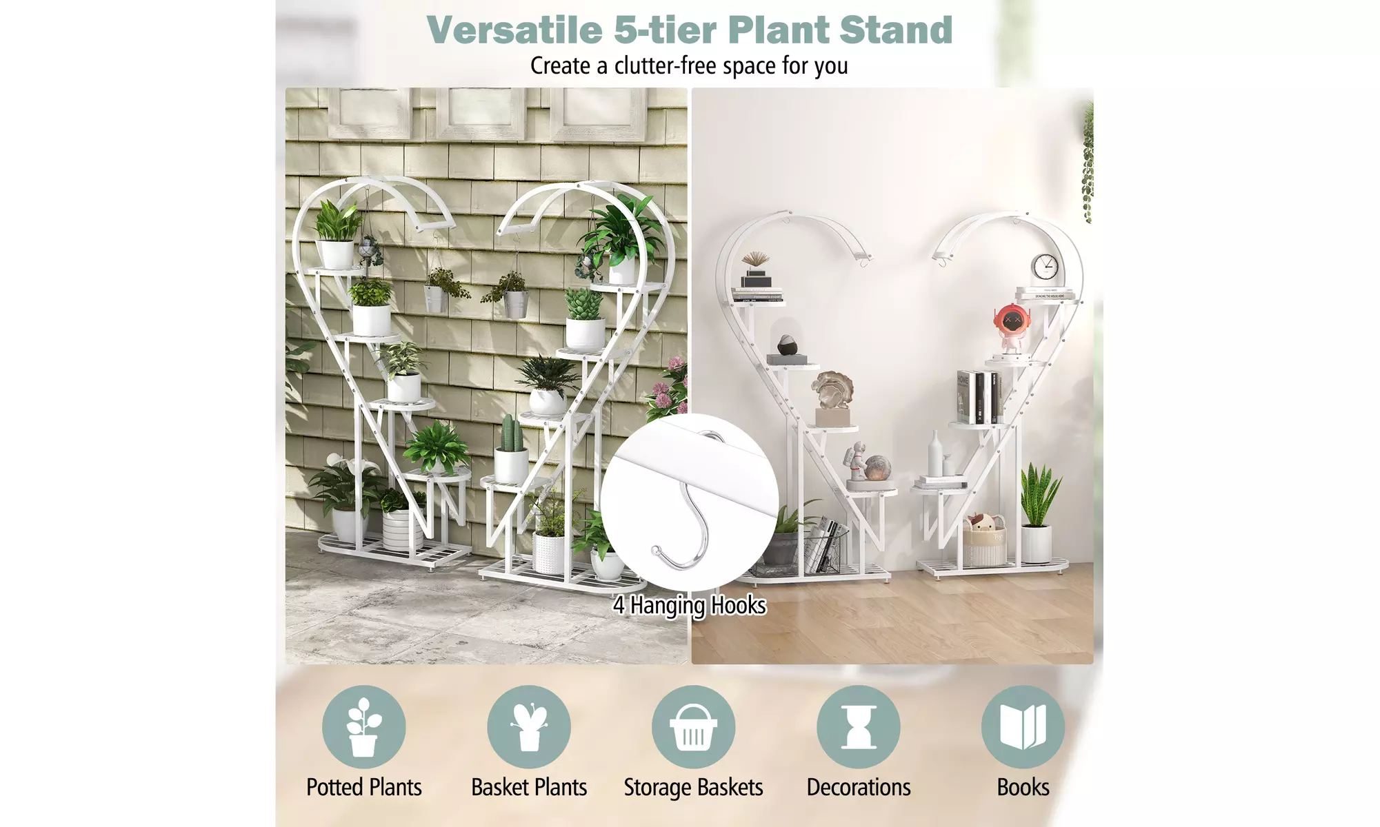 5 Tier Metal Plant Stand Heart-shaped Shelf w/ Hanging Hook for Multiple Plants