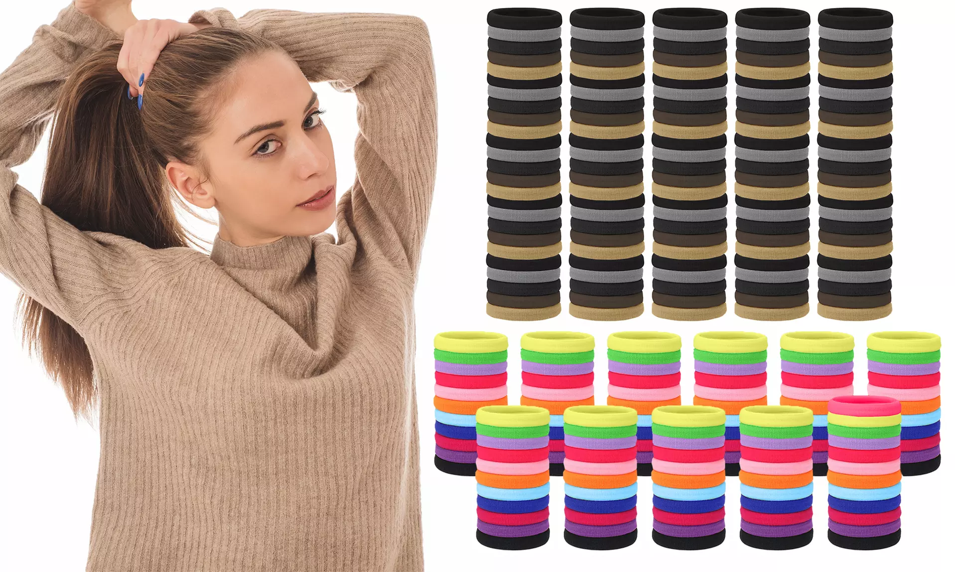 Trendy & Fun Rainbow and Neutral Colored Elastic Hair Ties - 100 and 200 Count - Primary Image