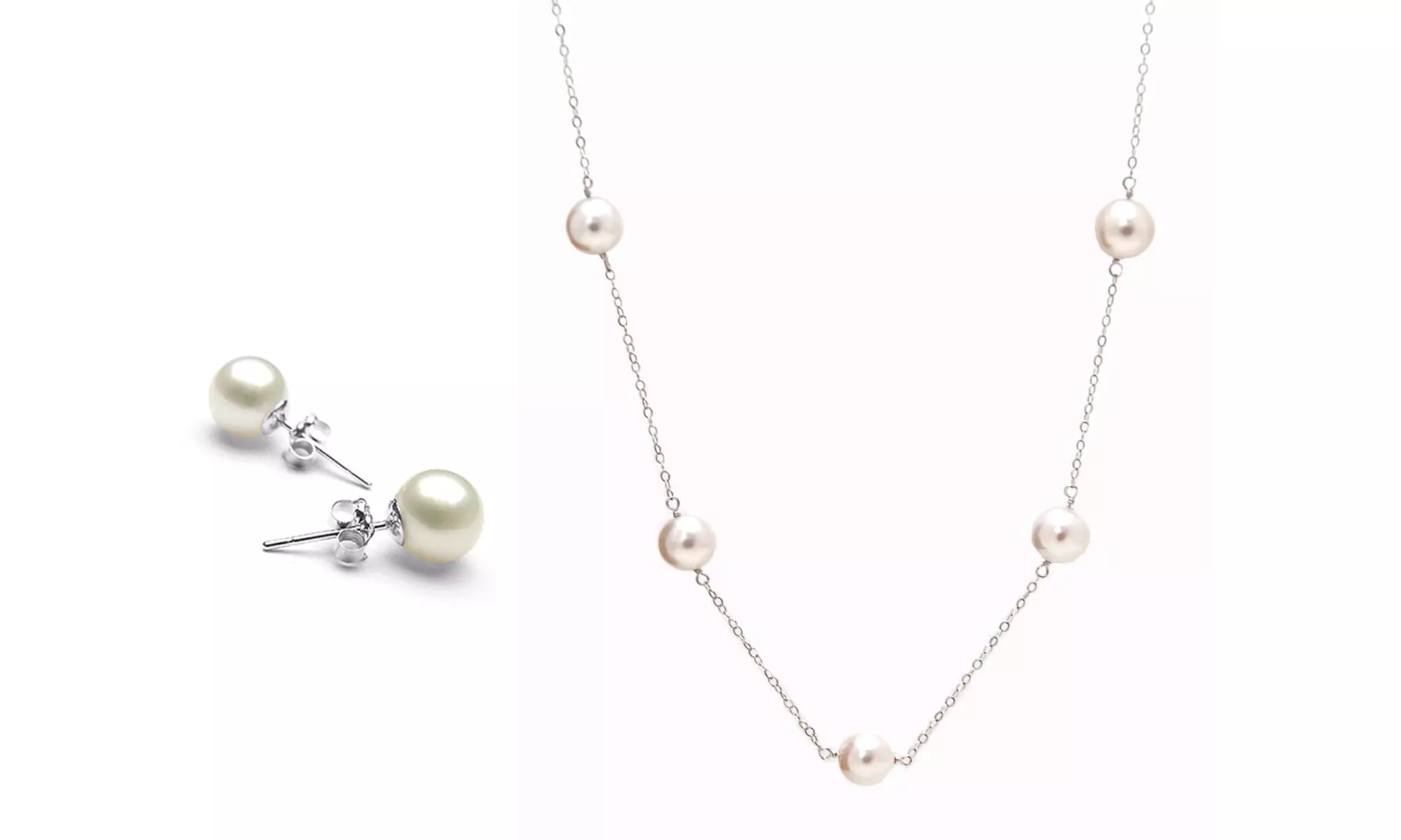 Genuine Freshwater Pearl Station Necklace and Stud Earrings Set (2PCK)