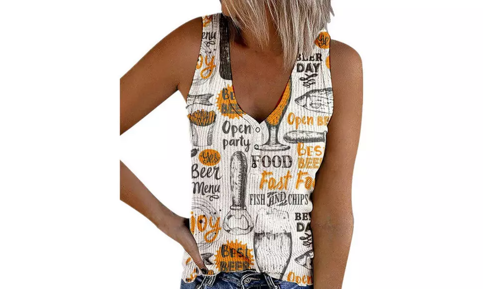 Womens V Neck Henley Tank Tops Button Up Sleeveless Novelty Shirts Tee Blouse - Second Medium