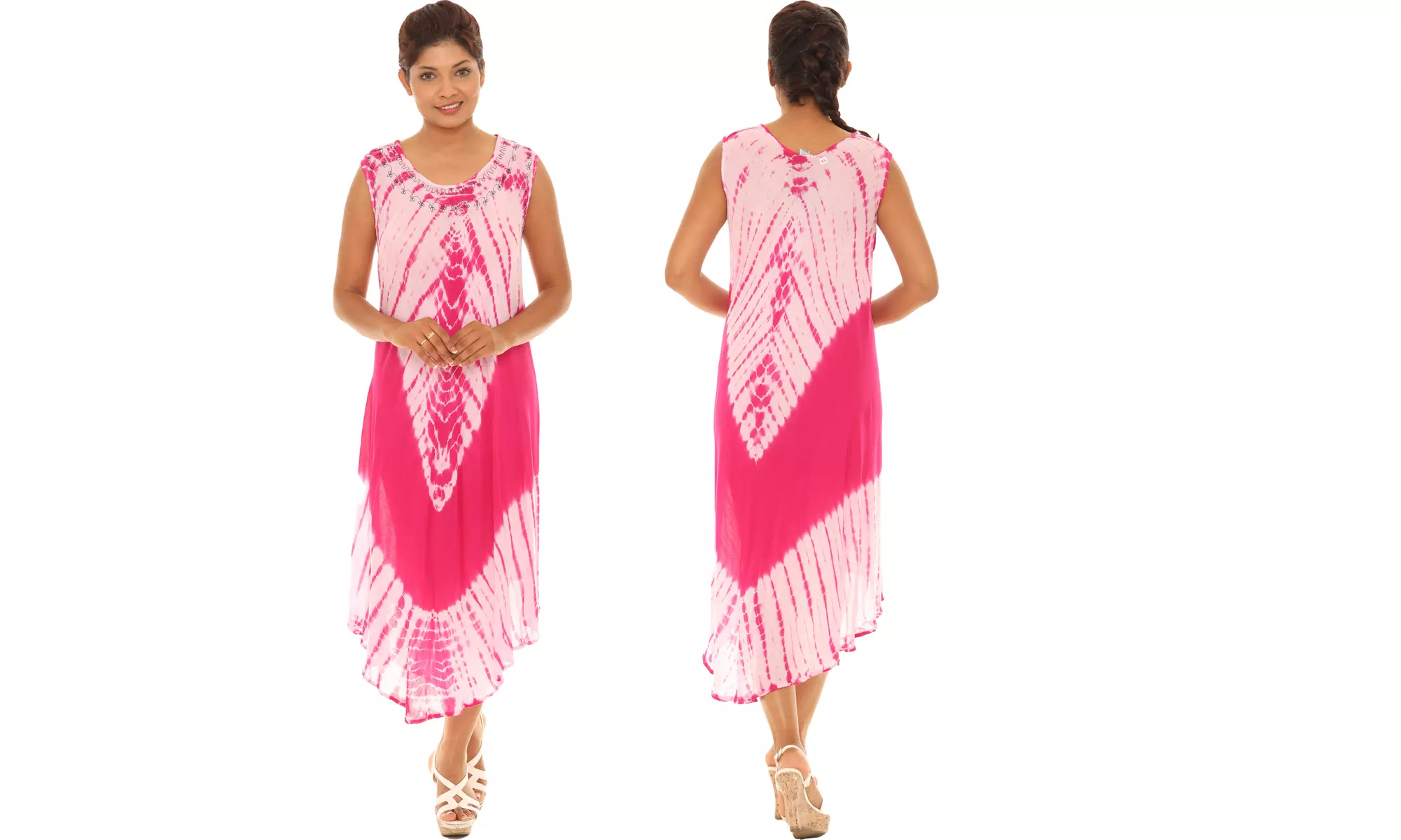 Women's Chevron Stripe Tie Dye Tank Dresses With Embroidered Neckline