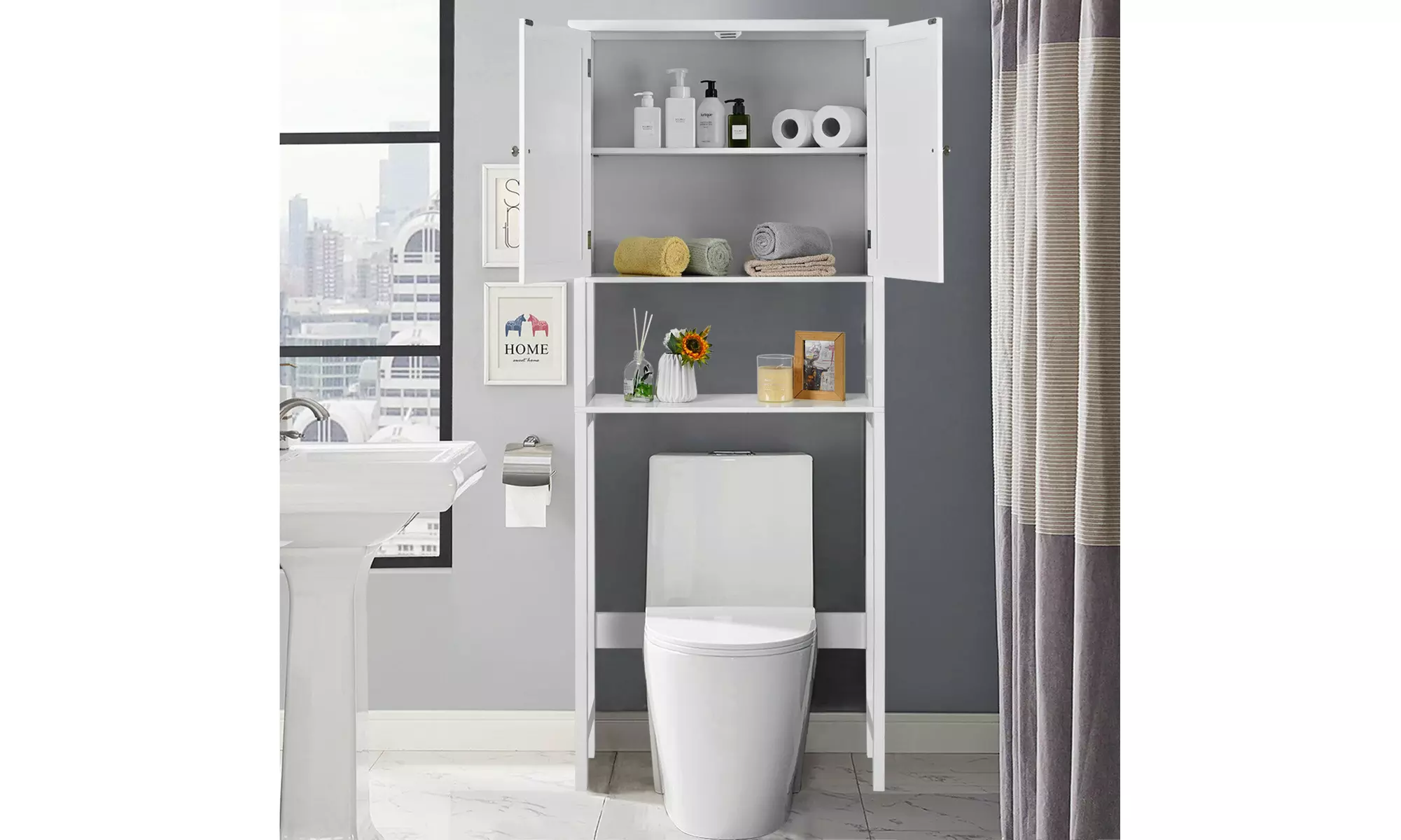 Over The Toilet Storage Cabinet Double Door Bathroom Organizer Adjustable Shelf 