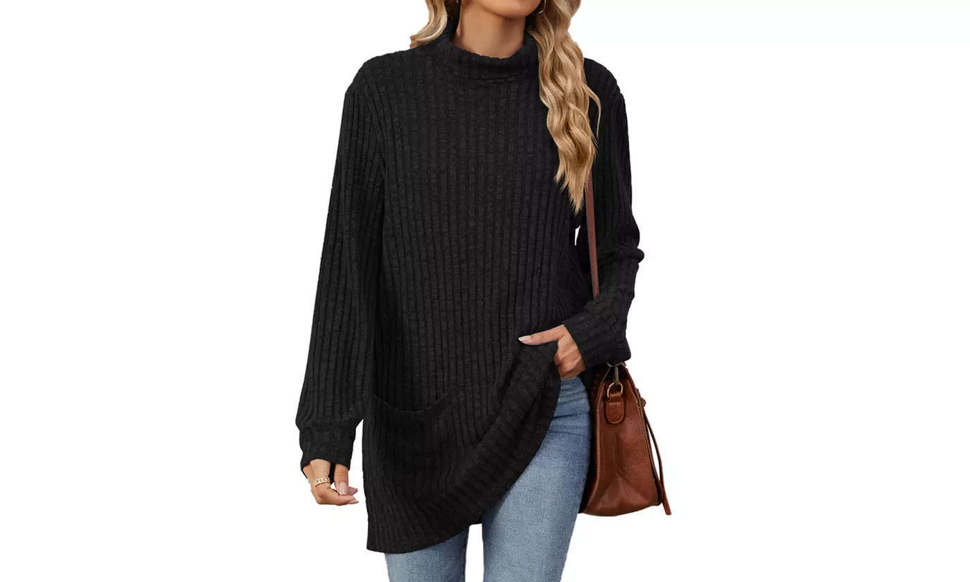 Womens Lightweight Turtleneck Long Sleeve Knit Tunic Top with Pockets