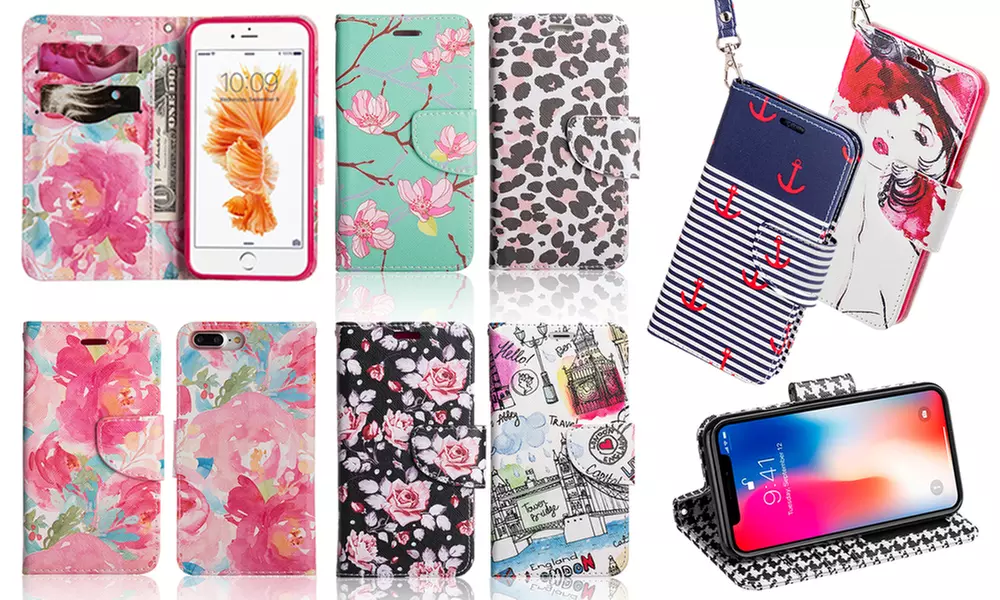Fashion Stylish Design Folio Credit Card Wallet Phone Case with Strap - iPhone 6, 7, 8, or 6/7/8 Plus, or iPhone X or XS - Primary Image