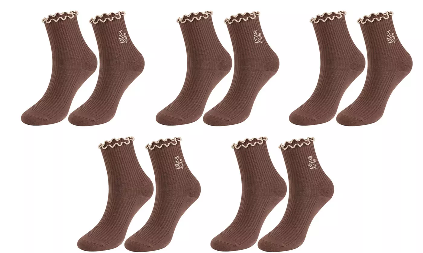 Womens Breathable Cotton Knit Ruffle Turn-Cuff Casual Ankle Socks(5 Packs)