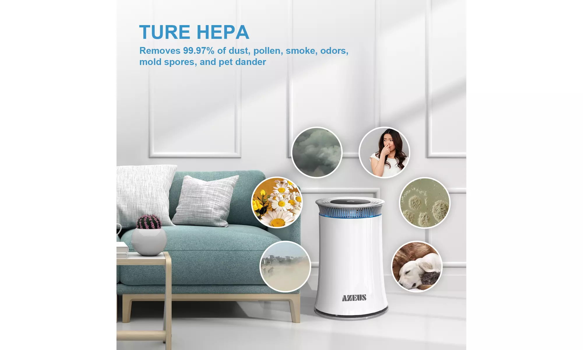 AZEUS High CADR Air Purifier, up to 376ft2, Quiet, Ozone-Free 