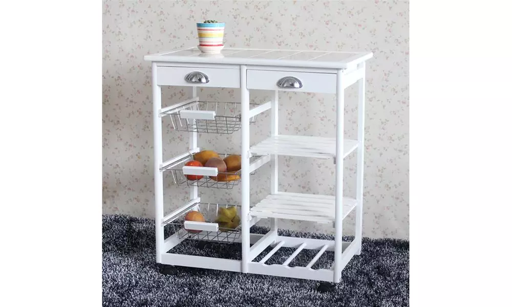 2-Drawer 3-Basket 3-Shelf Storage Rack with Rolling Wheels White for Kitchen - Primary Image