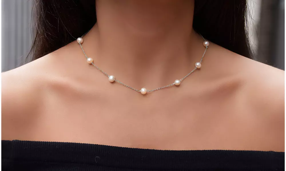 Genuine Freshwater Pearl Station Necklace in Sterling Silver