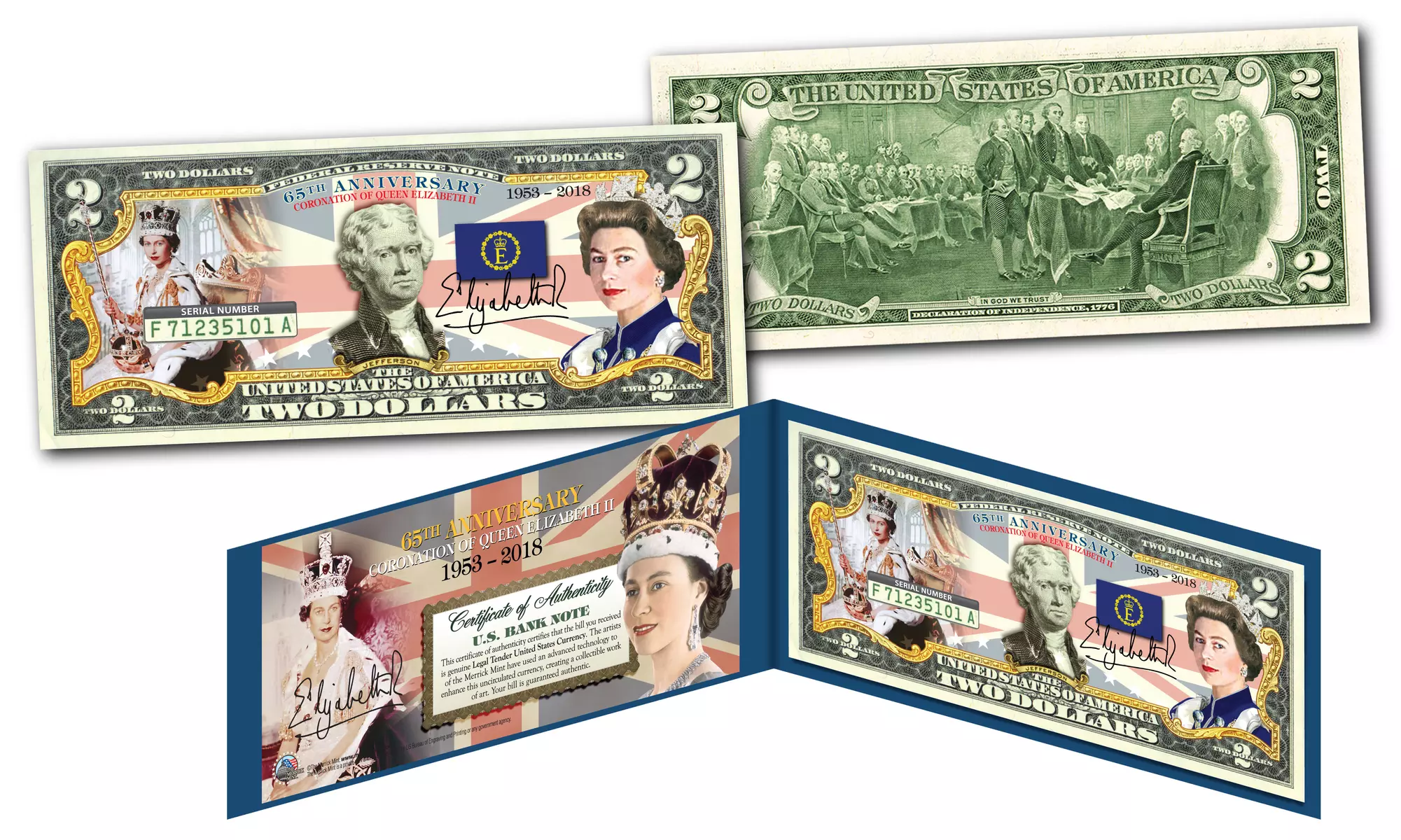 Queen Elizabeth II "65th Coronation" Two Dollar Bill w/Bonus 11 Card Set