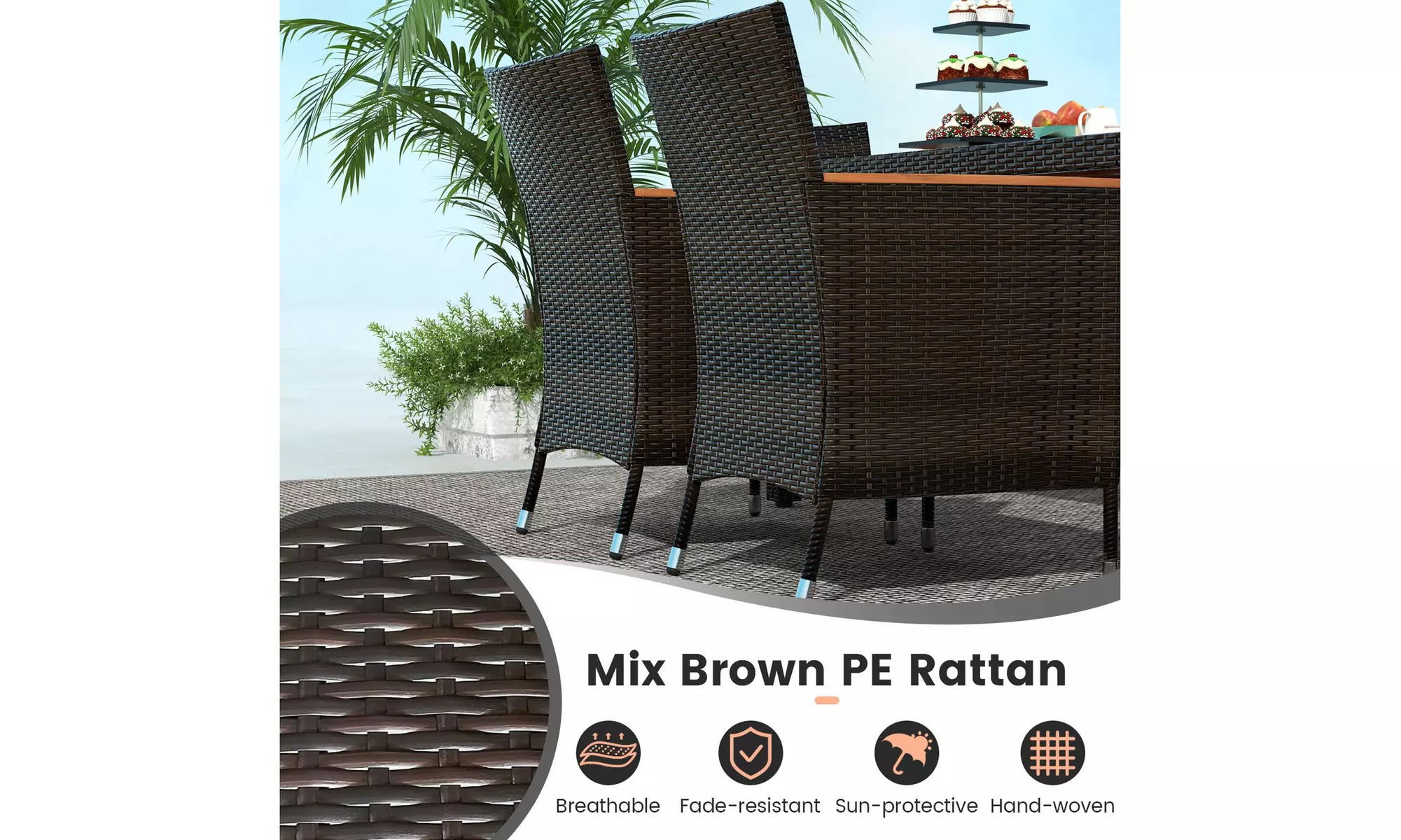 Costway 7 Pieces Outdoor Wicker Dining Set with Acacia Wood Table and 6 Chairs