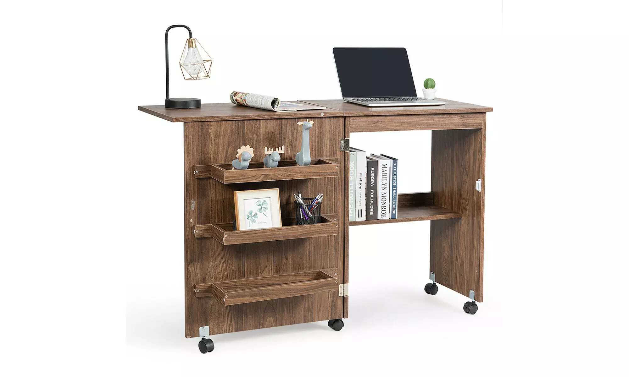 Costway Folding Sewing Craft Table Shelf Storage Cabinet Home Furniture Brown - Primary Image