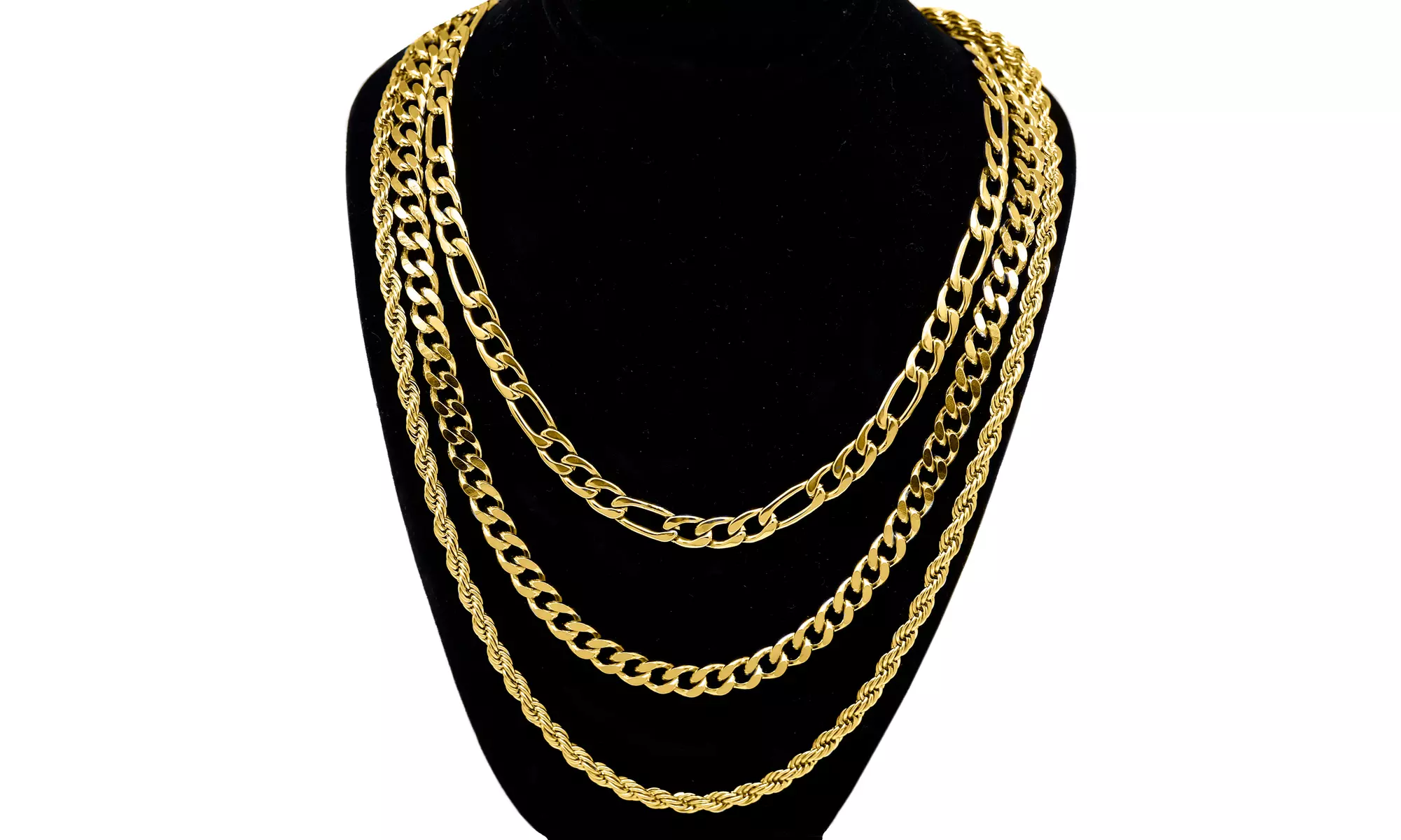 Set of 3 Men's 20" , 22" and 24" Layered Chain Set ( Rope , Figaro , Cuban )  - Primary Image