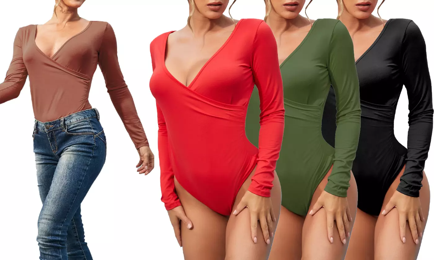 Doublju Women's Deep V-Neck Long Sleeve Surplice Wrap Bodysuit - Primary Image