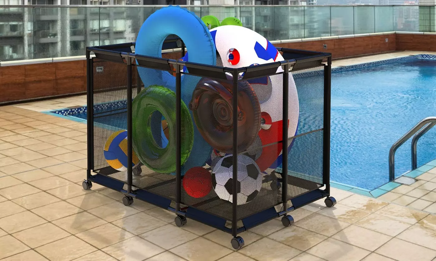 NewHome Large Rolling Pool Storage Bin Mesh Organizer Basket with Locking Wheels - Primary Image