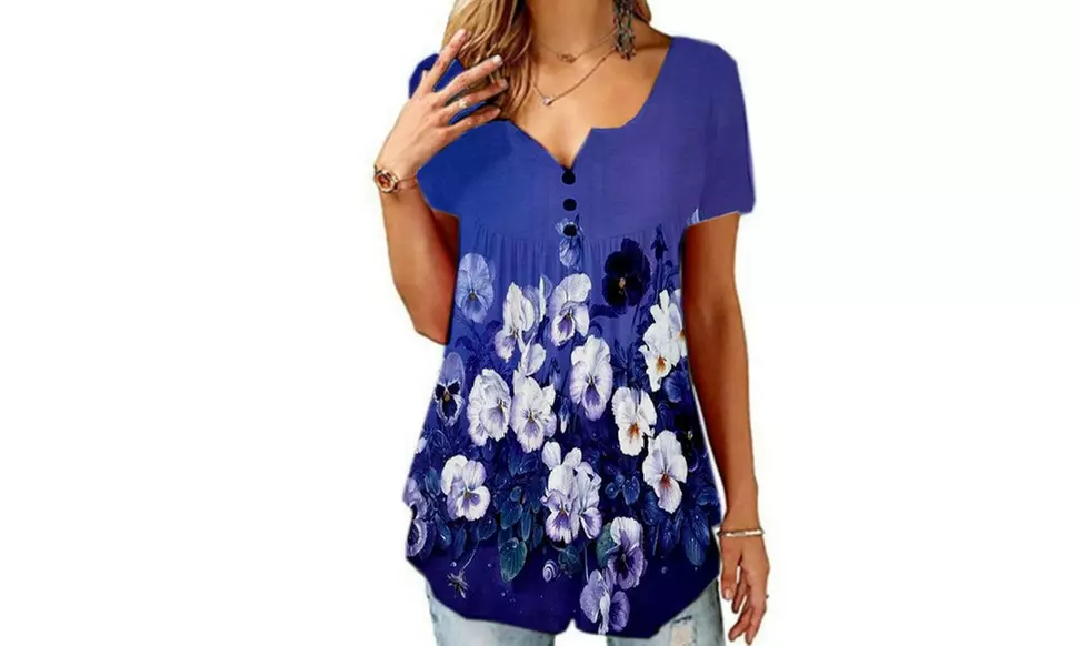 Women's Button Up Pleated Front Summer Short Sleeves Casual Tops Tunic Shirts 