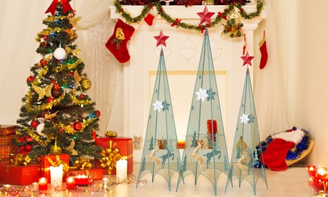 Costway Set Of 3 Tower Shaped Christmas Trees Artificial Xmas Metal Trees