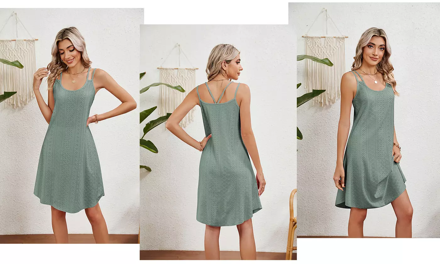 Women's Summer Scoop Neck Double Strap Tank Swing Midi Dress