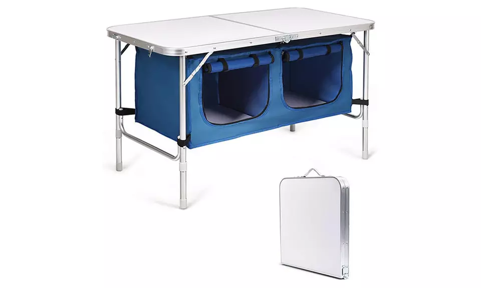 Outdoor Folding Table with Storage Organizer & 2-Level Adjustable Height